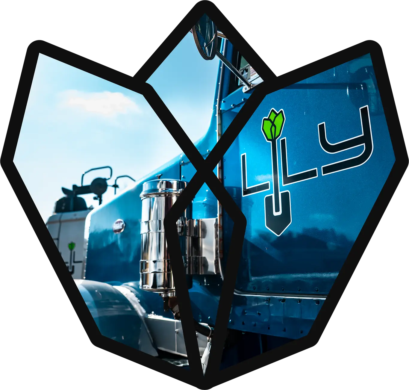 Close-up of a Lily Project Services utility truck with branded graphics, presented in a custom geometric design element.